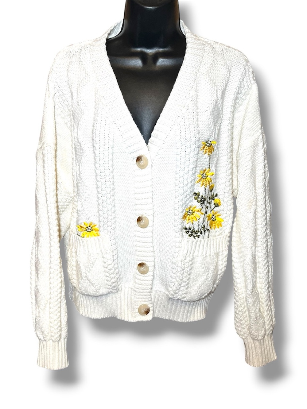 ROMWE White Knit Cardigan with Yellow Floral Embroidery